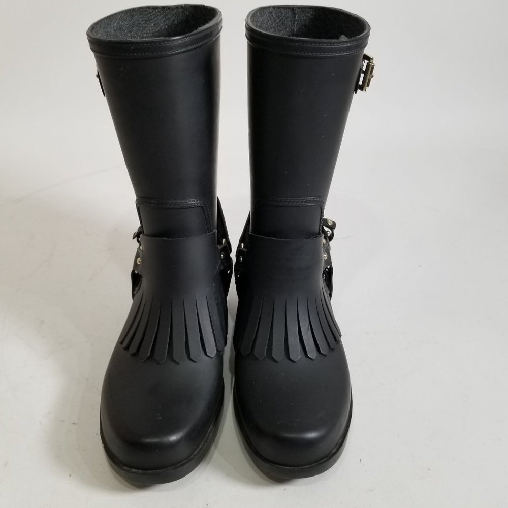 Massimo Dutti Rain Boot Tall Rubber Fringe Black Ring Strap US 6.5 EUR 37 - Picture 2 of 16